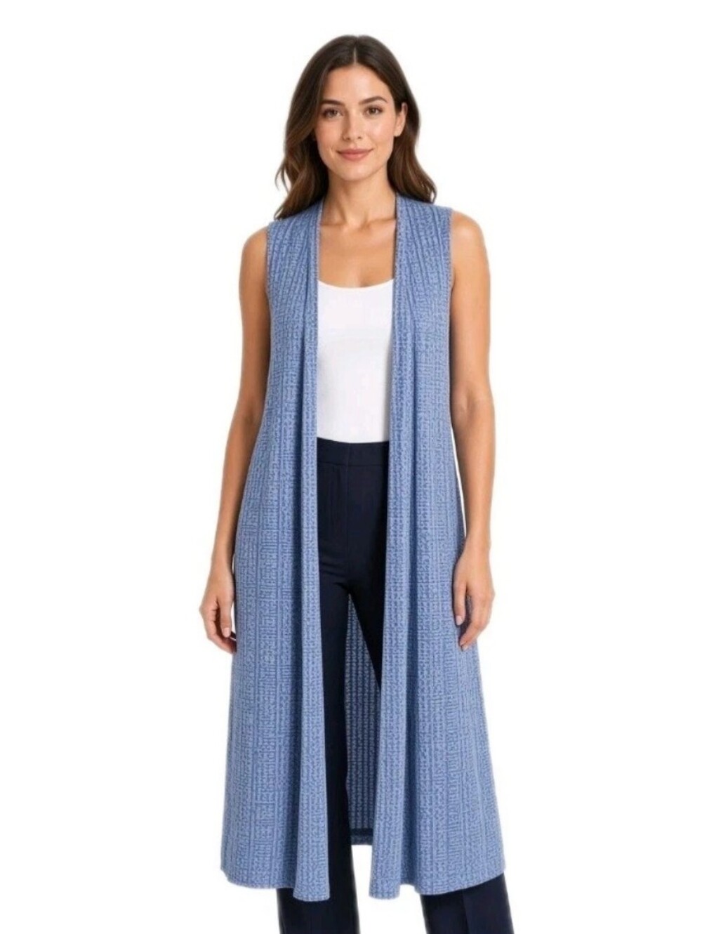 LuLaRoe Joy Long Duster Vest Womens Size S Blue White Ribbed Space Dye Knit NWT
